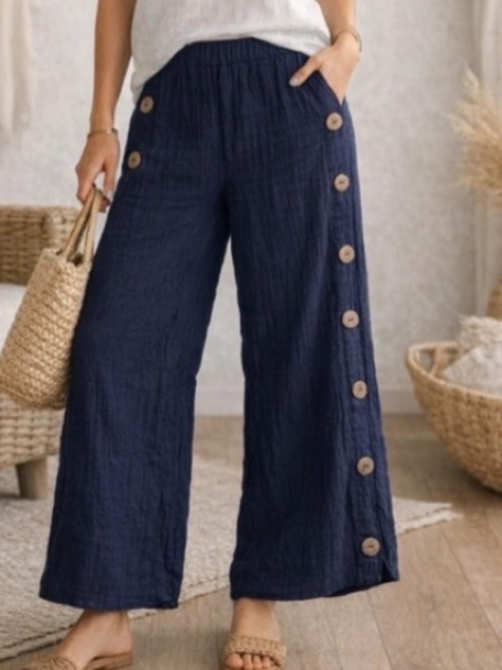 Novica,Artisan Navy Cotton Side-Button Palazzo Pants Ethical,Resort,Size Medium